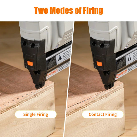 Cordless 18 gauge brad nailer with 2.0Ah battery showing dual firing modes on wood surface