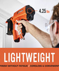 Man using Cordless 18 Gauge Brad Nailer For Finish Carpentry Lightweight 4.25 Lb Battery And Fuel Cell Powered No Compressor Needed Ideal For Trim Work Casing And Light Moulding In Tight Spaces With Precise Nail Placement And Consistent Finishing on white trim.