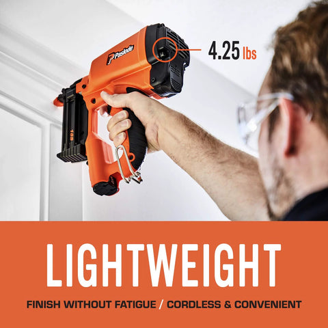 Man using Cordless 18 Gauge Brad Nailer For Finish Carpentry Lightweight 4.25 Lb Battery And Fuel Cell Powered No Compressor Needed Ideal For Trim Work Casing And Light Moulding In Tight Spaces With Precise Nail Placement And Consistent Finishing on white trim.