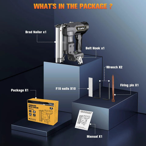 Package contents of Dewalt 18GA Cordless Brad Nailer including brad nailer, belt hook, wrenches, firing pin, nails, manual, and box