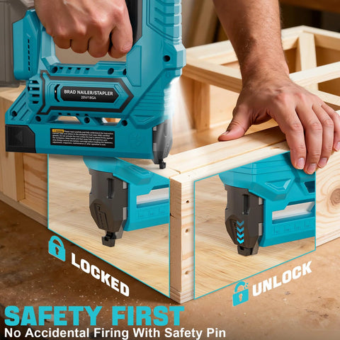Effortless cordless 18 gauge brad nailer for precise trim, cabinetry, and light upholstery, showing safety lock feature