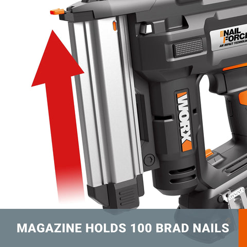 Image of a 20V cordless 2-in-1 brad nailer and stapler showing the magazine that holds 100 brad nails.