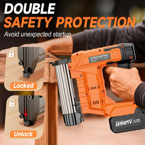 Cordless 18 Gauge Brad Nailer and Stapler in a 2 in 1 kit with two 4.0Ah batteries, fast charger, 800 nails and staples shown in use