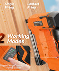 Cordless 18 Gauge Brad Nailer and Stapler in a 2 in 1 kit with two 4.0Ah batteries, fast charger, and 800 nails and 800 staples showing firing modes