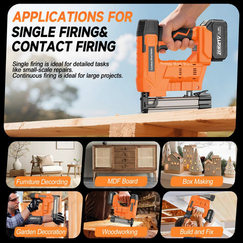 Cordless 18 Gauge Brad Nailer and Stapler in use for woodworking applications, shown with various project examples.
