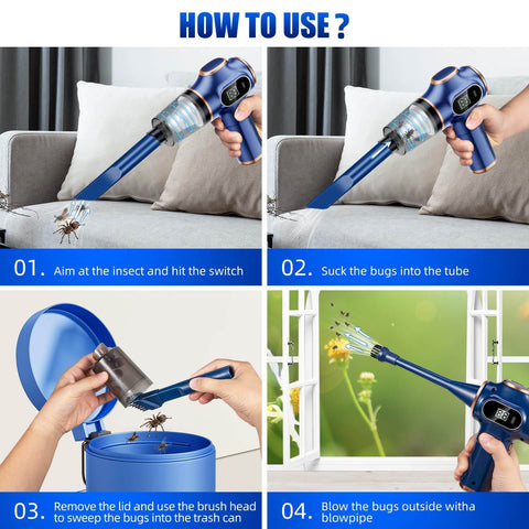 Instructions on using the Cordless Bug Vacuum Catcher With USB Rechargeable Power for efficient insect removal at home and car.