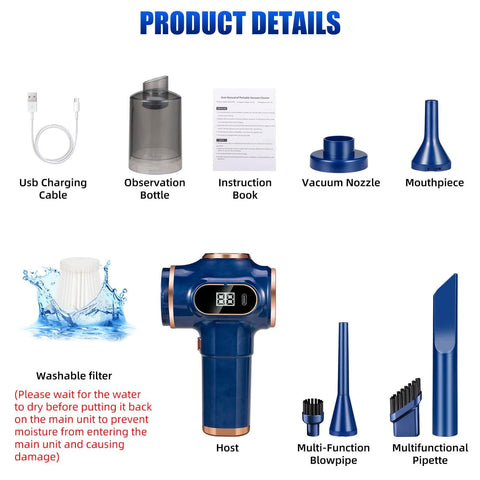 Cordless Bug Vacuum Catcher With USB Rechargeable Power components including host, nozzle, filters, and accessories for insects.