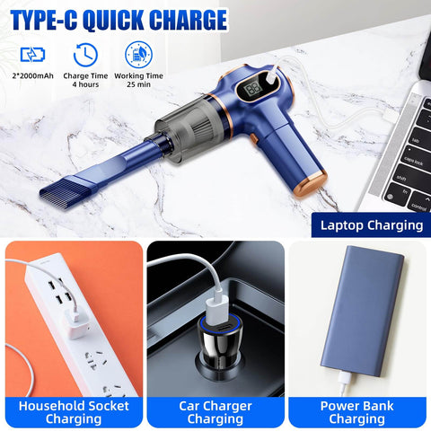 Cordless Bug Vacuum Catcher With USB Rechargeable Power showing different charging options like laptop, car, and power bank.