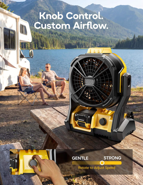 Cordless Jobsite Camping Fan Compatible With DeWalt 20V Max Battery LED Lights Adjustable Speed 1300 To 2200 RPM