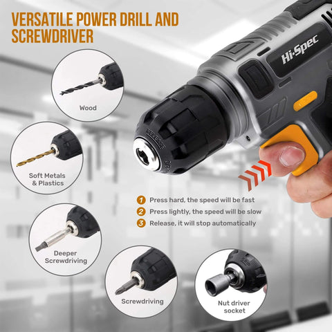 Close-up of USB Rechargeable 8V Cordless Drill Set With Handy Lightweight Tool Kit showing various drill bits and functions.