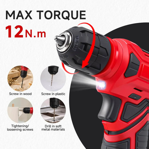 Close-up of red cordless drill with LED light showing max torque 12 Nm for wood, plastic, and metal. Cordless Drill Set With 132 Piece Home Tool Kit LED Light For DIY Enthusiasts And Home Repairs.