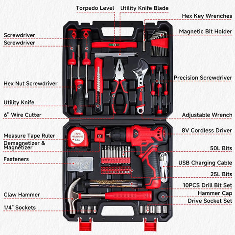 Open Cordless Drill Set With 132 Piece Home Tool Kit LED Light For DIY Enthusiasts And Home Repairs, showing organized tools in case.
