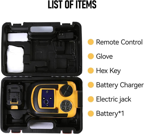 Cordless 5 Ton 18V Electric Car Jack Kit With Portable Hydraulic Lift Automatic Tire Change Tools For Sedans And SUVs Battery Powered Emergency Repair No Cords Lightweight And Ready For Roadside with accessories including remote control, battery*1, electric jack, glove, hex key, and battery charger in open case.