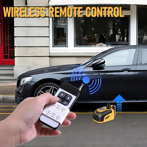 Cordless 5 Ton 18V Electric Car Jack Kit in use with remote control near sedan for roadside emergency repair