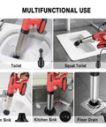 Multifunctional electric toilet plunger in use, unclogging toilet, squat toilet, kitchen sink, and floor drain; red design with storage box.