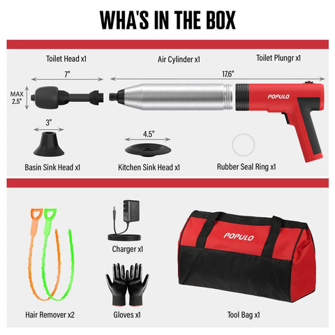 Contents of Populo Cordless Electric High Pressure Toilet Plunger set, including various heads, charger, gloves, and tool bag