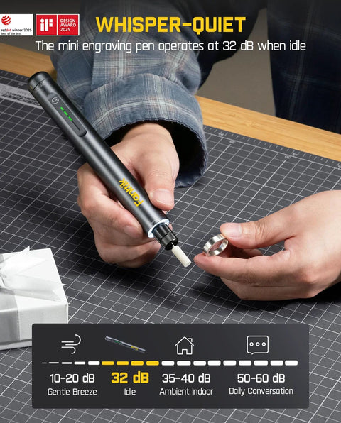 Person using engraving pen from Cordless Rotary Tool Kit With 25,000 RPM NeoPulse Brushless Hollow Cup Motor for DIY crafts