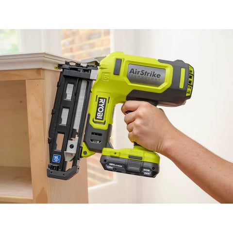 Cordless 16 Gauge AirStrike Finish Nailer For One Plus 18V System Tool Only No Compressor Lightweight And Fast Trim For Crown Molding Baseboards Exterior Trim And Precise Finish Work being used on wooden trim