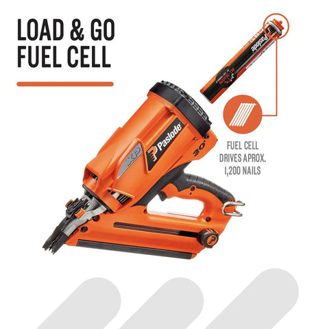 Effortlessly speed up framing with a cordless XP Framing Nailer powered by battery and fuel cell, showing nailer and fuel cell.