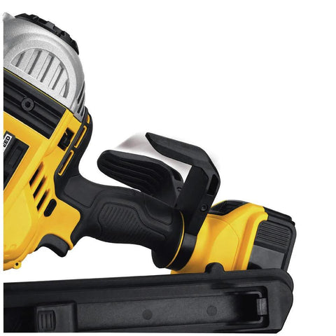 Close-up of DeWalt 20V Max XR cordless framing nailer kit showing brushless motor and handle with 4Ah battery attachment.