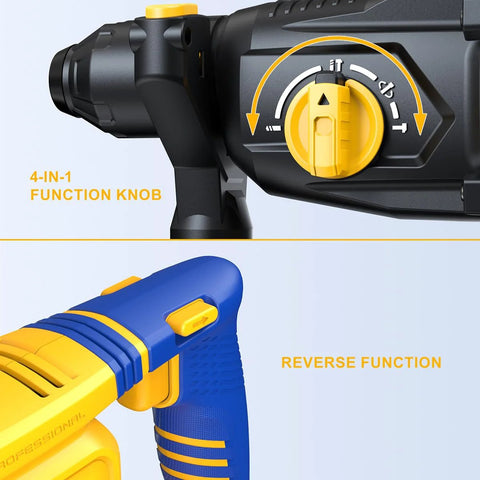 Compact cordless SDS Plus hammer drill with 3J impact energy and four modes, close-up of 4-in-1 function knob and reverse function