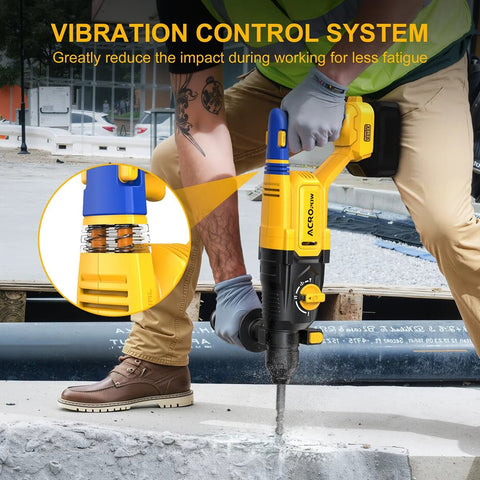 Compact cordless SDS Plus hammer drill with 3J impact energy and four modes in use on concrete, showing vibration control feature.