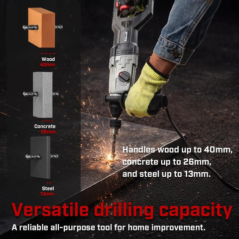 800W SDS Plus Rotary Hammer Drill With Demolition Chisels And Drill Bits Set In Case Corded Variable Speed 600 RPM 15J Impact Energy in use on concrete showing versatile drilling capacity for wood, concrete, and steel.