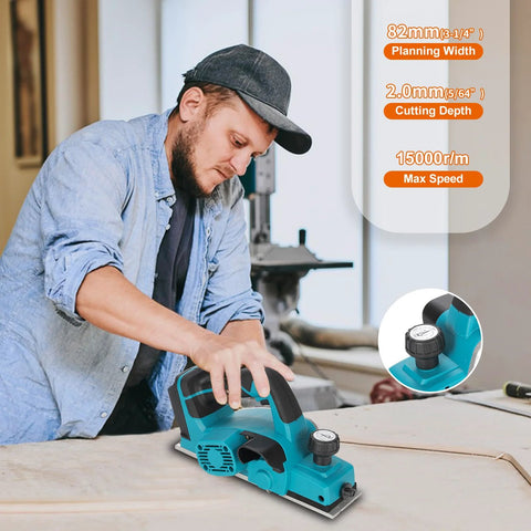 Man using cordless 3-1/4 inch hand planer with brushless motor and tool-only design for precise edge trimming on wood surface