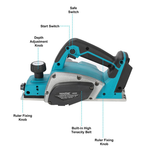 Cordless 3-1/4 inch hand planer with brushless motor and tool-only design delivers smooth stock, side view with labeled parts