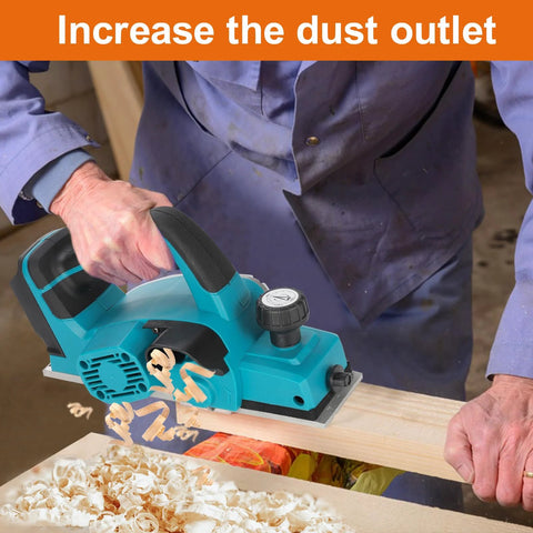Person using cordless 3-1/4 inch hand planer with brushless motor to smooth wooden board, tool-only design visible