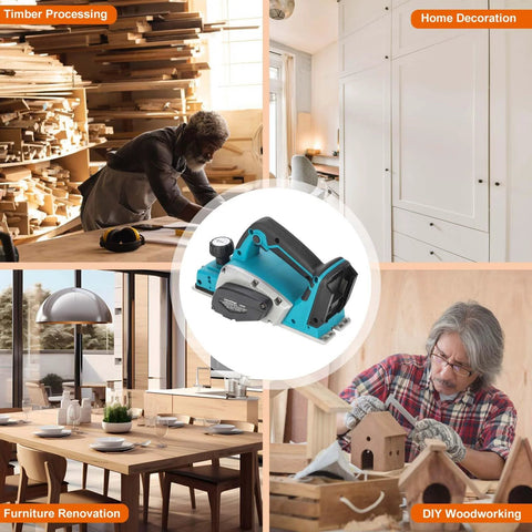 Collage of cordless 3-1/4 inch hand planer in use for timber processing, home decoration, furniture renovation, DIY woodworking.