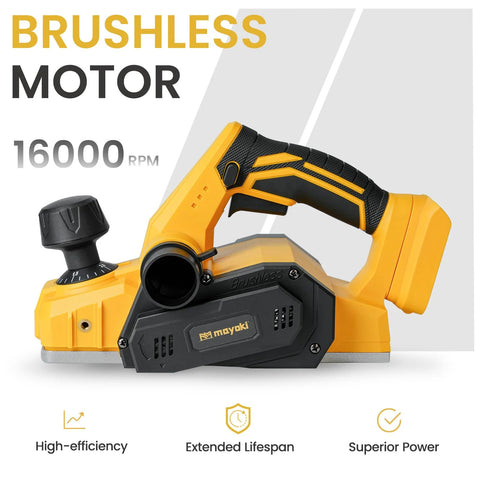Cordless 3-1/4 inch hand planer compatible with Dewalt 20V MAX batteries, featuring a brushless motor up to 16,000 RPM.