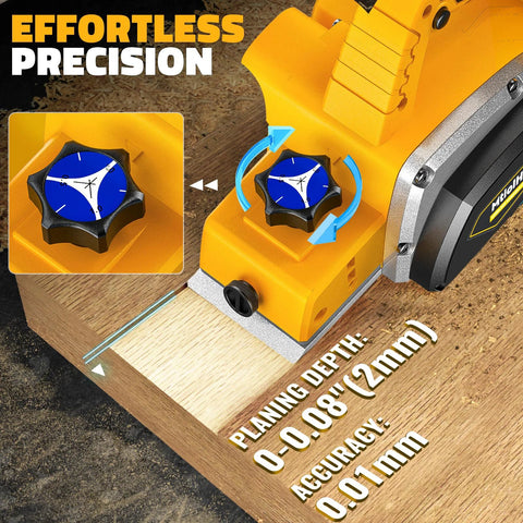Cordless Three And A Quarter Inch Hand Planer With Brushless 15000 RPM 82 Millimeter Width Depth 0 To 2 Millimeter Ideal For Smoothing Surfaces And Edges On Doors And Boards Onsite Woodworking Tool Compatible With 20V Batteries Battery Not Included showing planing depth and accuracy adjustment.