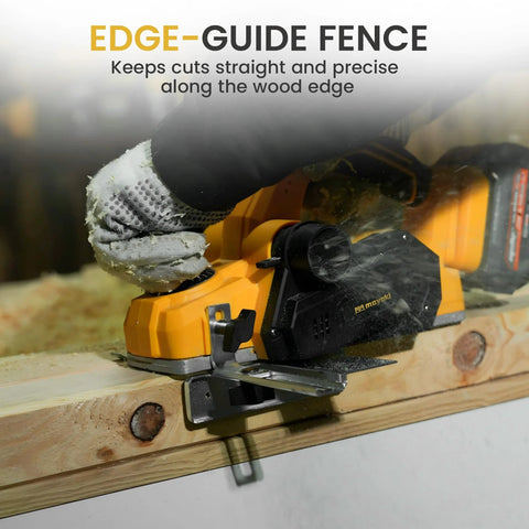 Cordless 3-1/4 inch hand planer compatible with Dewalt 20V MAX batteries in use on wood, demonstrating edge-guide feature.