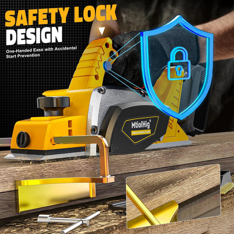 Cordless Three And A Quarter Inch Hand Planer With Brushless 15000 RPM 82 Millimeter Width Depth 0 To 2 Millimeter Ideal For Smoothing Surfaces And Edges On Doors And Boards Onsite Woodworking Tool Compatible With 20V Batteries Battery Not Included shown with safety lock feature in use on wood surface