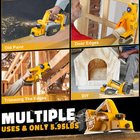 Cordless Three And A Quarter Inch Hand Planer With Brushless 15000 RPM 82 Millimeter Width Depth 0 To 2 Millimeter Ideal For Smoothing Surfaces And Edges On Doors And Boards Onsite Woodworking Tool Compatible With 20V Batteries Battery Not Included being used on wood surfaces.