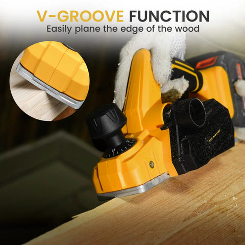 Cordless 3-1/4 inch hand planer compatible with Dewalt 20V MAX batteries, featuring a brushless motor up to 16,000 RPM.