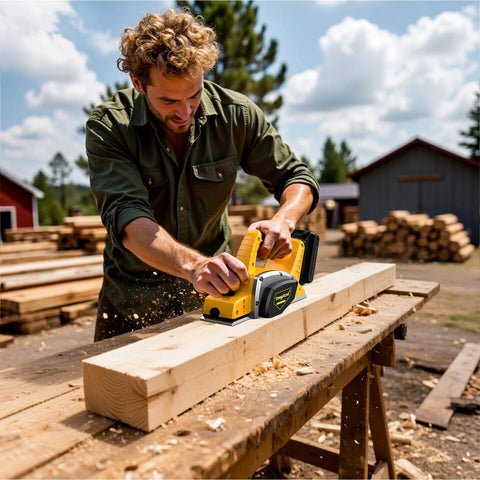 Effortless cordless hand planer with a brushless motor delivers precise edge work and smooth flat surfaces for cabinetry and furniture projects being used on wood in outdoor setting