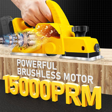 Cordless handheld planer powered by a 20V Max battery delivers 82 mm wide cuts, showing a 15000 RPM brushless motor in action.