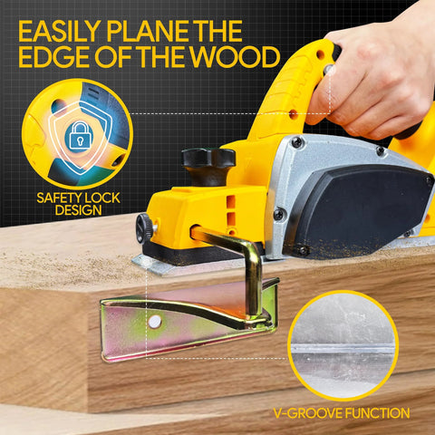 Cordless handheld planer powered by a 20V Max battery delivers 82 mm wide cuts on wood with safety lock and V-groove function.