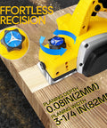 Cordless handheld planer powered by a 20V Max battery delivers 82 mm wide cuts, showing precise wood trimming and depth setting.