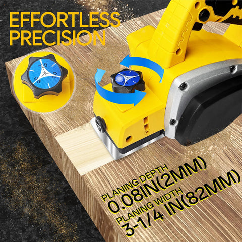 Cordless handheld planer powered by a 20V Max battery delivers 82 mm wide cuts, showing precise wood trimming and depth setting.