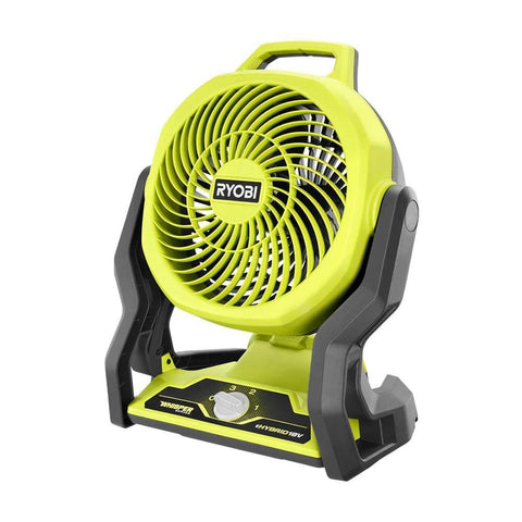 Cordless Hybrid 18V 7.5 Inch Whisper Series Fan Tool Only Green Ryobi PCL811B One Plus Compatible, portable with battery or AC power.