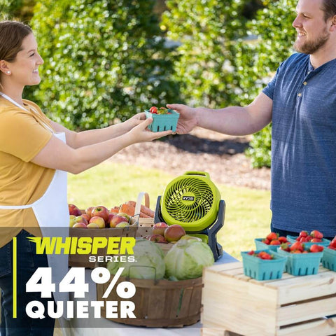Cordless 18V Hybrid Whisper Series 7.5 Inch Fan Tool Only Bare Tool For Lawn Care Pros on a fruit stall with strawberries.