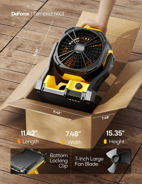Unboxing Cordless Jobsite Camping Fan Compatible With DeWalt 20V Max Battery LED Lights Adjustable Speed 1300 To 2200 RPM Hanging Hook Battery Not Included Corded Option Black