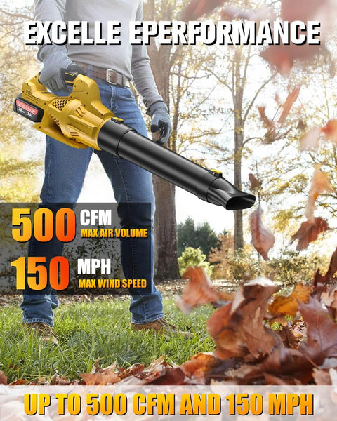 Person using yellow Cordless Leaf Blower With Dewalt 20V Max Battery Compatibility, 6 Speed Levels, 500 CFM Air Flow, 150 MPH Wind