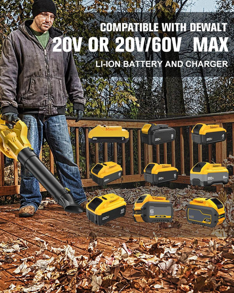 Man using Cordless Leaf Blower With Dewalt 20V Max Battery Compatibility on a deck covered with leaves, batteries shown.