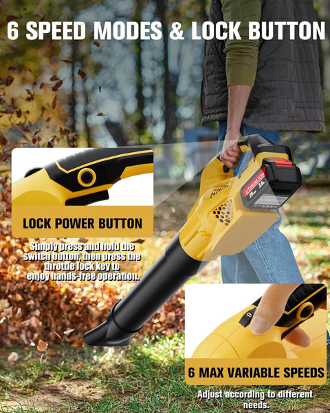 Person using Cordless Leaf Blower With Dewalt 20V Max Battery Compatibility, 6 Speed Levels, 500 CFM Air Flow, 150 MPH Wind, Includes 2x 3.0Ah Batteries And Charger, Electric Handheld Blower For Lawn Care, Yellow.