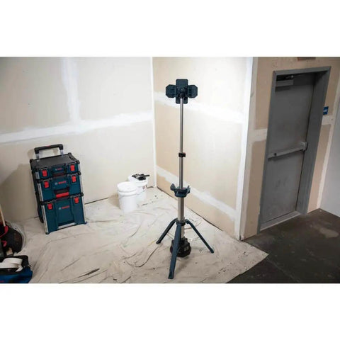 Powerful 5000 Lumen Cordless LED Tower Work Light With 87 Inch Telescoping Stand For Construction And Garage in a jobsite setting