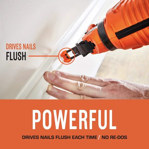 Cordless 16 Gauge Angled Finish Nailer With Battery Power And No Compressor Needed Model 902400 being used for flush nail driving